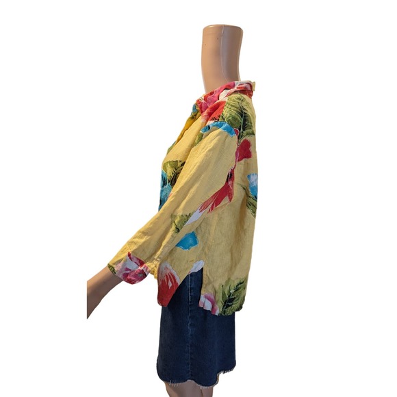Chico's Size 1 (M) 100% Linen Shirt Yellow Floral Button Up FLAW - Picture 3 of 12